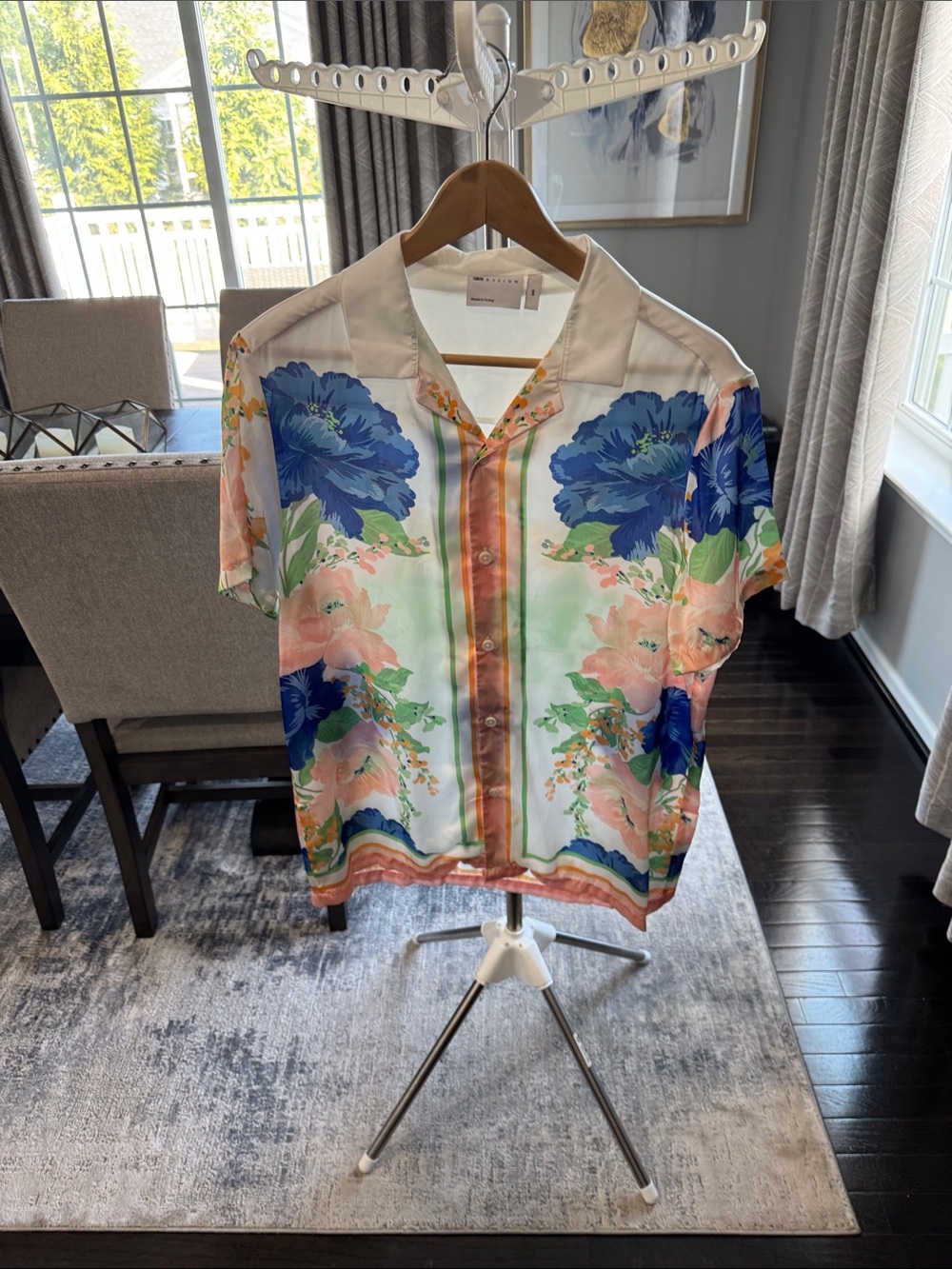 Floral Print Short Sleeve Shirt - Blue & Peach